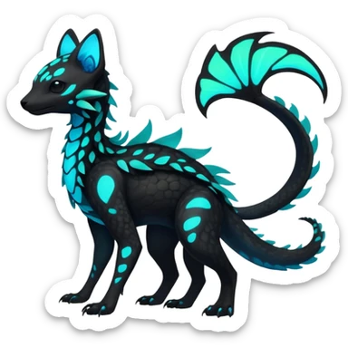 Rare realistic black-scaled neon-glowing bioluminescent edgy badass epic pretty beautiful handsome gorgeous aesthetic colorful vibrant Vernid-Trico-species-Fakemon-creature by LiLaiRa, 4 legs, 1 tail, random markings, (full body) sticker