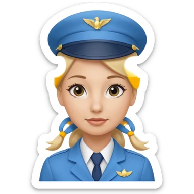 Create an emoji of a female flight attendant with blonde hair tied up, wearing alight blue flight attendant hat and a blue flight attendant uniform. sticker