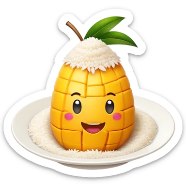 Cinematic Realistic Mango Sticky Rice Dessert Emoji, showcasing sweet sticky rice paired with ripe mango slices and coconut milk rendered with lifelike detail and warm, inviting lighting. sticker