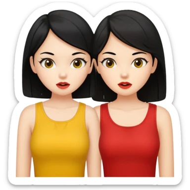 2 girls gossiping. both are fair and have black hair. One has short hair, one has long. One is wearing yellow, one is wearing red sticker