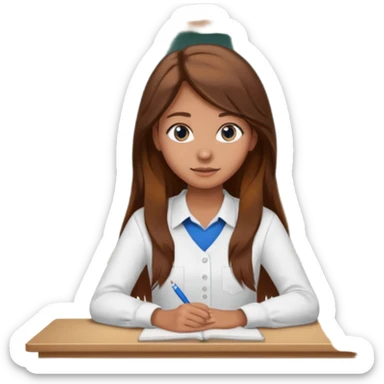 high school class room with a pretty female high school student with long brown hair, blue eyes sitting in front of the blackboard sticker