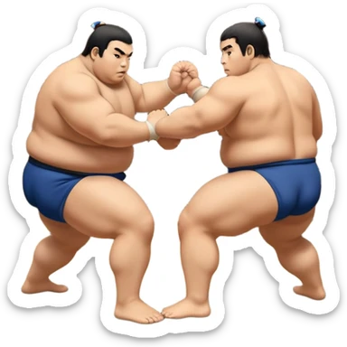 Two sumo wrestlers in a classic dohyo ring, each displaying powerful stances and ready to engage in a fierce match. One wrestler attempts a pushing attack, while the other counters with a thrust. The background shows the traditional sumo arena and spectators. Transparent background. sticker