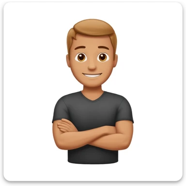 Create a cartoon emoji-style illustration of a smiling man standing confidently with arms crossed. sticker