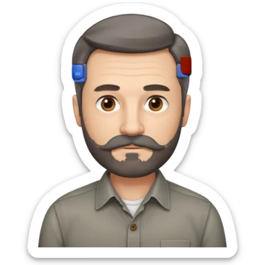 50 yr old white man, pale skin, dark grey hair with some brown highlights, side swept part, groomed moustache and beard sticker