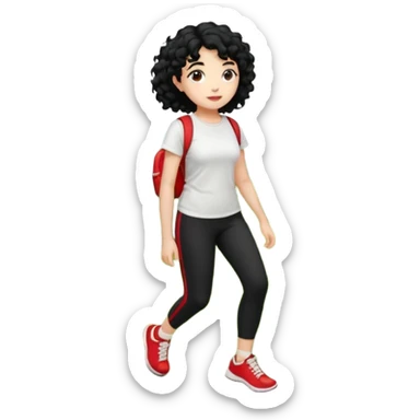 generate a pretty bratz fair skinned girl with curly black hair wearing a white tshirt trekking on a hill with red sneakers on and black leggings sticker