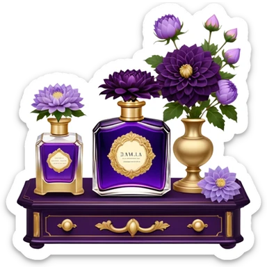 A dark amethyst vintage French-style perfume bottle with intricate golden detailing rests elegantly on an antique vanity. Surrounding it, delicate periwinkle dahlias and soft lavender sprigs add a touch of romantic charm. The glass reflects a warm glow from a nearby candle, enhancing its deep violet hues. The scent of aged vanilla and floral notes lingers in the air, evoking an aura of timeless elegance. sticker