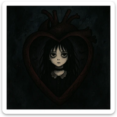 a heart with a goth girl inside, illustrative style, dark details, mysterious atmosphere sticker