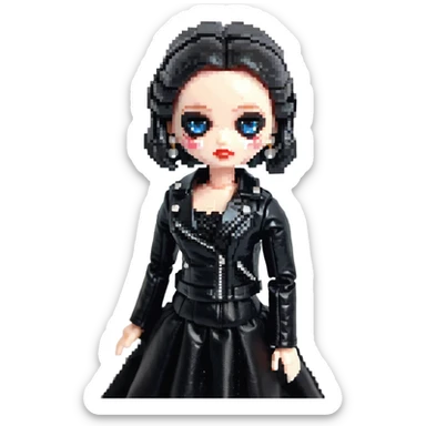 Chucky's bride doll wearing a black dress and black leather jacket, with dark makeup sticker