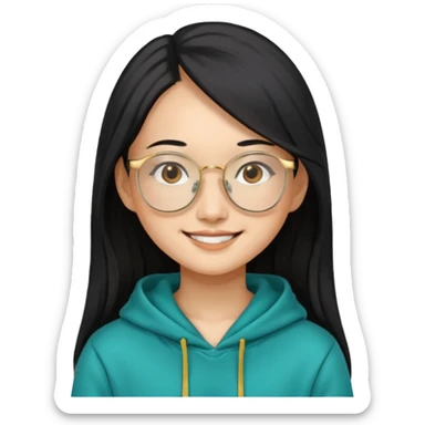 generate a smiling chinese female with long black hair, golden rim glasses, and a teal hoodie sticker
