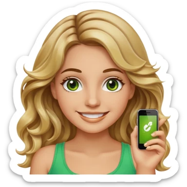 smiling young woman with long wavy hair brown roots blonde highlights green eyes brown eyebrows summer tan iPhone emoji style sticker