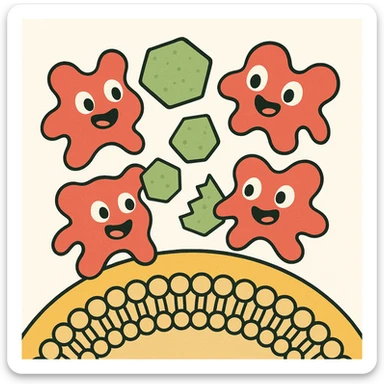 A realistic biological illustration (like in a school book) showing: enzymes (red) breaking down starch (green) near a cell membrane (yellow). Macro photography style. No labels, white background sticker