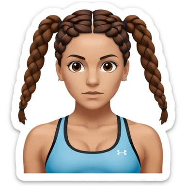 Melanie chisholm with two dark brown french braids parted down the middle, wearing a sports bra sticker