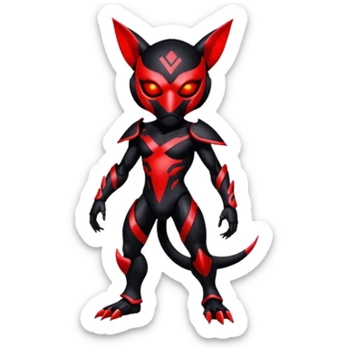 Black shiny alloy Cyber-Lombax-Fakémon-creature with dark black mask and shiny glowing neon red markings (full body) sticker