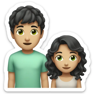 asian boy with short curly hair holding hand of girl with green eyes and dark long straight hair sticker