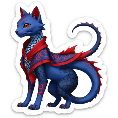 Kawaii feral, four-legged gothic badass black, red, indigo, cute beautiful pretty elegant divine edgy feline-vernid-sergal-Haku-dragon-fursona-animal-creature, full body, with intricate detailed markings, silken shawl sticker
