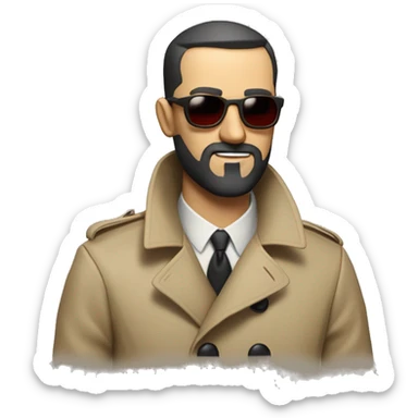 <excerpt>
A 1930s white man with real buzz cut Black hair, beard stubble donning tiny red tinted sun glasses in a dirty tan trench coat, is serious.
</excerpt> sticker