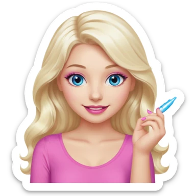 girl with long wavy platinum blonde hair,  blue eyes , long lashes, sexy pink lips, light to medium complexion, wearing a pink sexy top, smiling, finger tips touching sticker