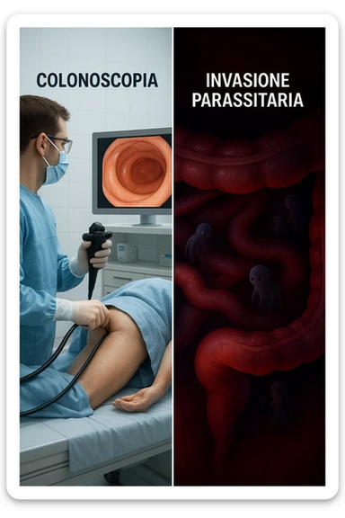 A split-screen medical illustration in cinematic style: on the left side, a doctor performing a colonoscopy on a patient in a sterile clinic, with the endoscopic camera displaying clean, healthy mucosal surfaces on a screen. On the right side, a symbolic cross-section of the same intestine — but shown in deeper layers beneath the surface, where parasitic organisms (small, translucent or shadowy figures) hide between folds and tissues not visible via standard scope. The contrast is clear: what is seen vs. what remains hidden. Lighting on the left is bright, sterile, clinical; lighting on the right is darker, with red and blue tones to suggest inflammation and invasion. Shot in hyper-realistic 3D medical style, educational but emotionally charged IN ITALIANO sticker