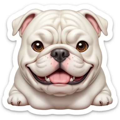 Cinematic Comical White English Bulldog Portrait Emoji, Head tilted dramatically with an exaggeratedly amused expression, featuring a striking pure white coat with a subtle sheen, wide, expressive brown eyes filled with playful disbelief, Simplified yet hilariously expressive features, highly detailed, glowing with a slightly sassy glow, high shine, dramatic yet playful, stylized with an air of cheeky defiance, bright and endearing, soft glowing outline, capturing the essence of a spirited and over-the-top guardian, so meme-worthy it feels like it could side-eye its way into internet fame instantly! sticker