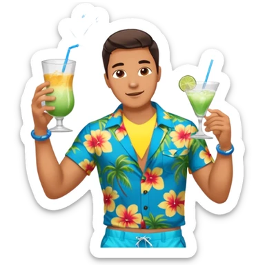 human male Unbuttoned Hawaiian shirt, swim trunks, shaking a cocktail shaker (sparks flying) sticker