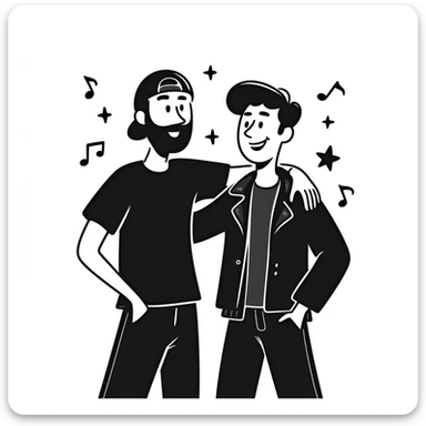 Two male musicians side by side with one arm over the other's shoulder: a 35-year-old with stylized beard, backwards cap, rocker style, and a younger 25-year-old musician, both smiling. Music notes and stars around them. Other band members celebrating in the background. sticker