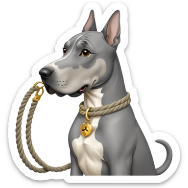 Gray Great Dane with white rope collar and rope Leash with gold accents  sticker