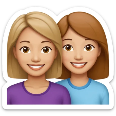 Middle aged light brown skinned woman beside a middle aged asian woman smiling looking young sticker