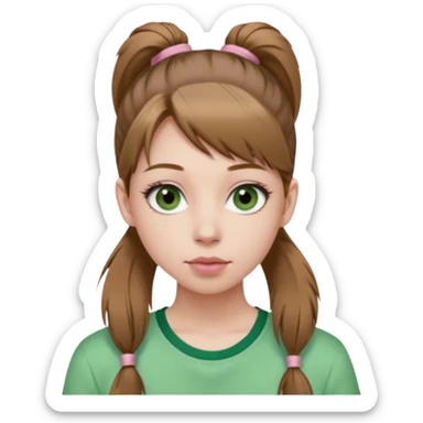 create an emoji of a young woman. She has a nice look, with long light brown hair in a single ponytail with a hair tie, dark green eyes, pale skin, natural soft pink lips. she wears a green y2k top sticker