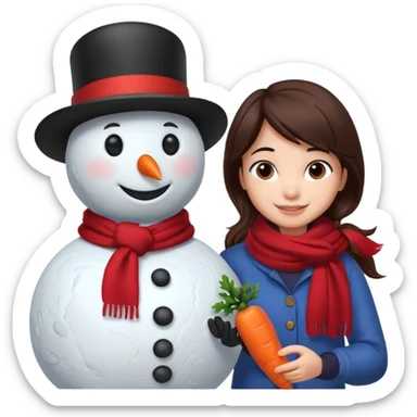 Cartoon girl with brown hair and scarf, building a snowman. Cartoon boy with black hair, placing a carrot nose on the snowman, smiling sticker