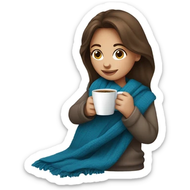Brown hair Girl drinking coffee, with a blue cozy blanket sticker