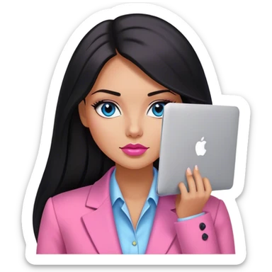Glamours tanned very beautiful girl with very pump nude lips and black straight smooth long hair, blue eyes and pink blazer with MacBook  sticker