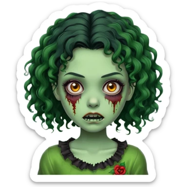 uma garota zumbi assustadora da pele verde e com cabelo 3b cacheado repartido ao meio preto curto ate o ombro sticker