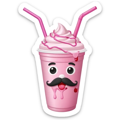strawberry milkshake in a take-out cup with mustache sticker