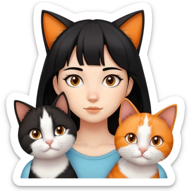 teenage girl with black hair with brown highlights with two cats that are tri-colored (black, orange, and white) sticker