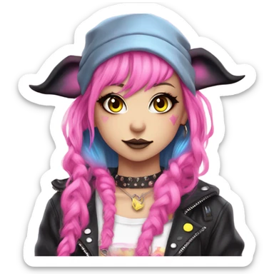 Blue eyed pale hime gyaru girl, hot pink and yellow split-dyed hair, nose ring, elf ears, dark makeup, punk clothes sticker