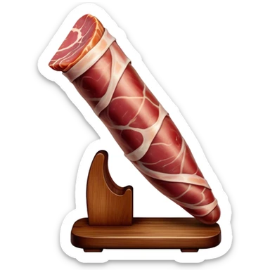 ​Cinematic Realistic Spanish Jamón Leg, depicted as a massive, cured leg of Jamón serrano (ham) with a deep reddish-brown hue, intricately marbled and slightly glossy with age, elegantly displayed on a rustic wooden stand and bathed in warm, soft lighting that accentuates its artisanal heritage, sticker