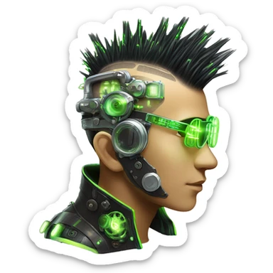 Mohawk hair with neon green highlights Asian male cyborg head with neon silver steampunk goggles and circuits sticker