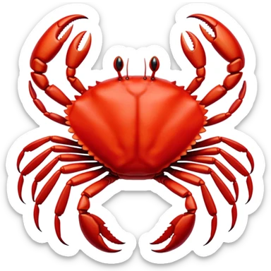 Cinematic Noble Red Crab Portrait Emoji, Poised and commanding, with a sturdy, angular exoskeleton of vivid scarlet red and sharply defined pincers, deep-set, intense eyes on stalks, Simplified yet sharp and sophisticated features, highly detailed, glowing with a soft, oceanic glow, high shine, intelligent and formidable, stylized with an air of coastal authority, focused and alert, soft glowing outline, capturing the essence of a watchful crustacean guardian that appears ready to scuttle out of the screen with determined power! sticker