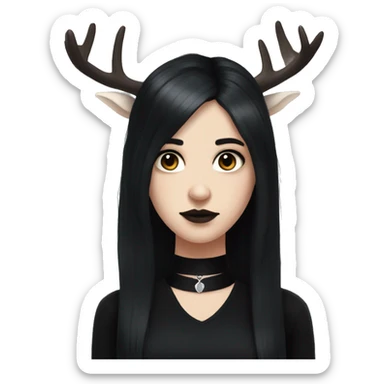Portrait. Goth, deer girl. Wearing a black sleeveless dress with a choker. She has White antlers and deer ears. Long Black hair sticker
