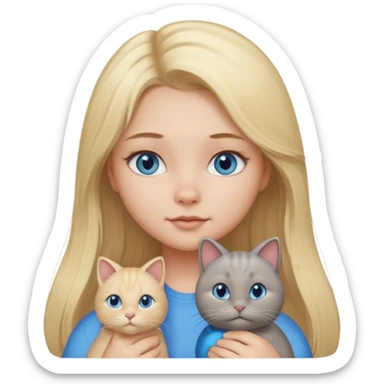 blonde girl with long blonde hair and blue eyes with chubby gray cat sticker