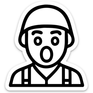 icon-style illustration of a shocked soldier with exaggerated facial expression, raised eyebrows, open mouth, helmet, simple bold lines sticker