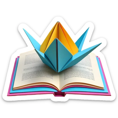 3D render of Pop-Up Book entirely of folded origami paper, sharp creases, cardboard texture, matte finish, visible paper grain, craft aesthetic, sticker