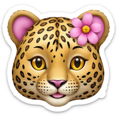 A leopard with peaceful smile, A pink flower with a yellow center is tucked behind its right ear
 sticker