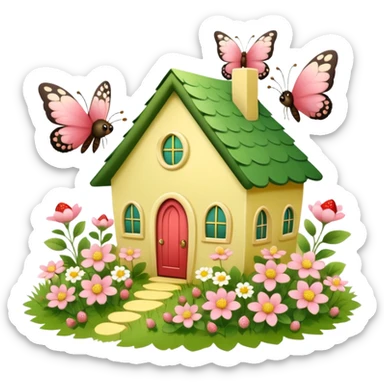 Very whimsical little house with tiny soft red strawberries and earthy green leaves growing in the front, along with soft pink flowers and buttery soft yellow wild flowers, regular green colored grass, butterflies flying close with big pastel colored wings .  sticker