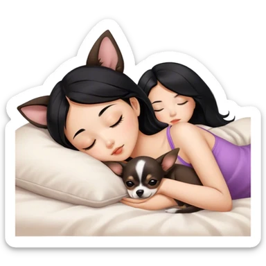 Coquette teenage cute asian black hair girl sleeping with brown chihuahua  sticker