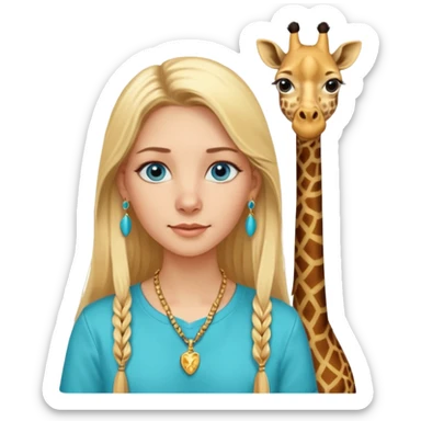 Swedish girl blonde long straigt hair blue eyes turqoise shirt gold earings girrafe necklace gold small sticker