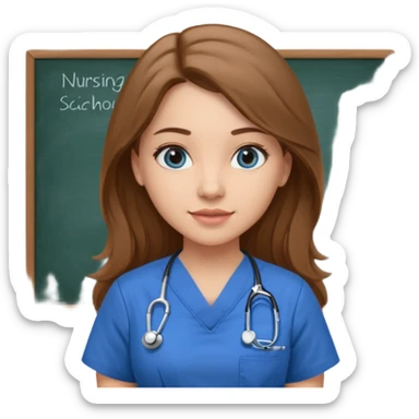university classroom that says nursing school on the blackboard with a pretty female nursing student with long brown hair, blue eyes sticker
