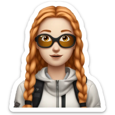 White fair skin, straight hair, ginger coloured hair, grundge aesthetic, beautiful face, ski goggles on her hair sticker