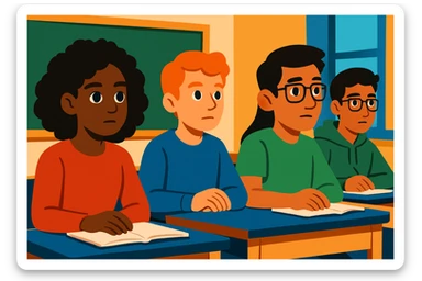 four diverse students sitting attentively following a class, studious atmosphere, modern illustration style, classroom background, focused expressions sticker