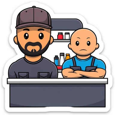 Bald heavyset Hispanic man, and a muscular bald guy in trucker hat standing at a counter in a store sticker